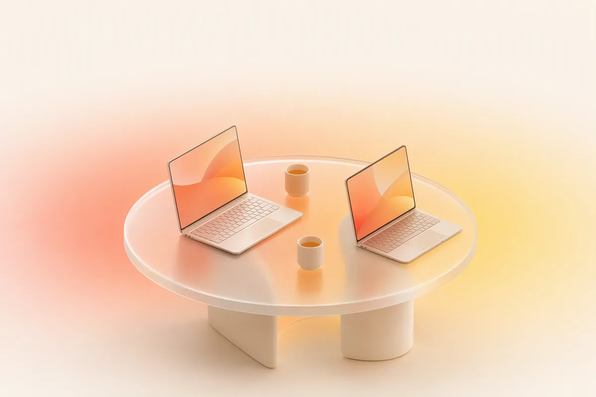 Two laptops and two cups of tea on a round frosted-glass table, in warm orange light