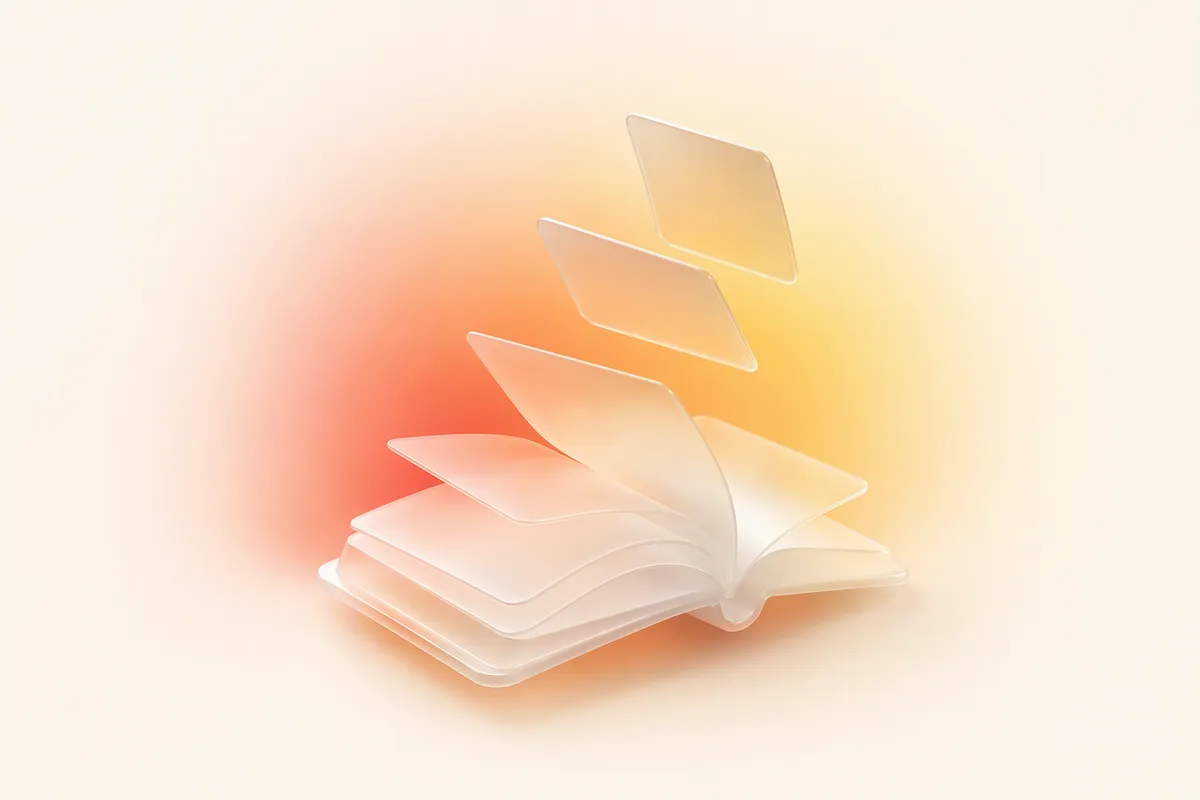 Frosted glass pages lifting off an open book over a warm red, orange and yellow glow