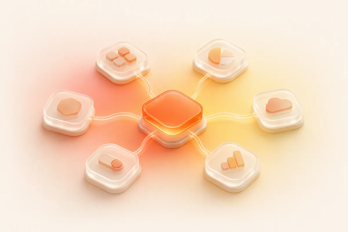 A central glass block linked to six app tiles