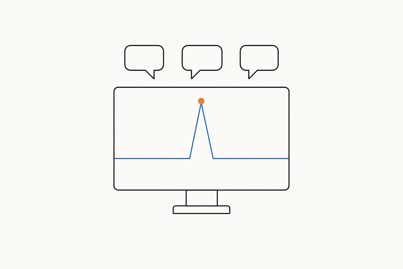 A monitor showing a flat blue line with one sharp peak topped by an orange dot, under three empty speech bubbles