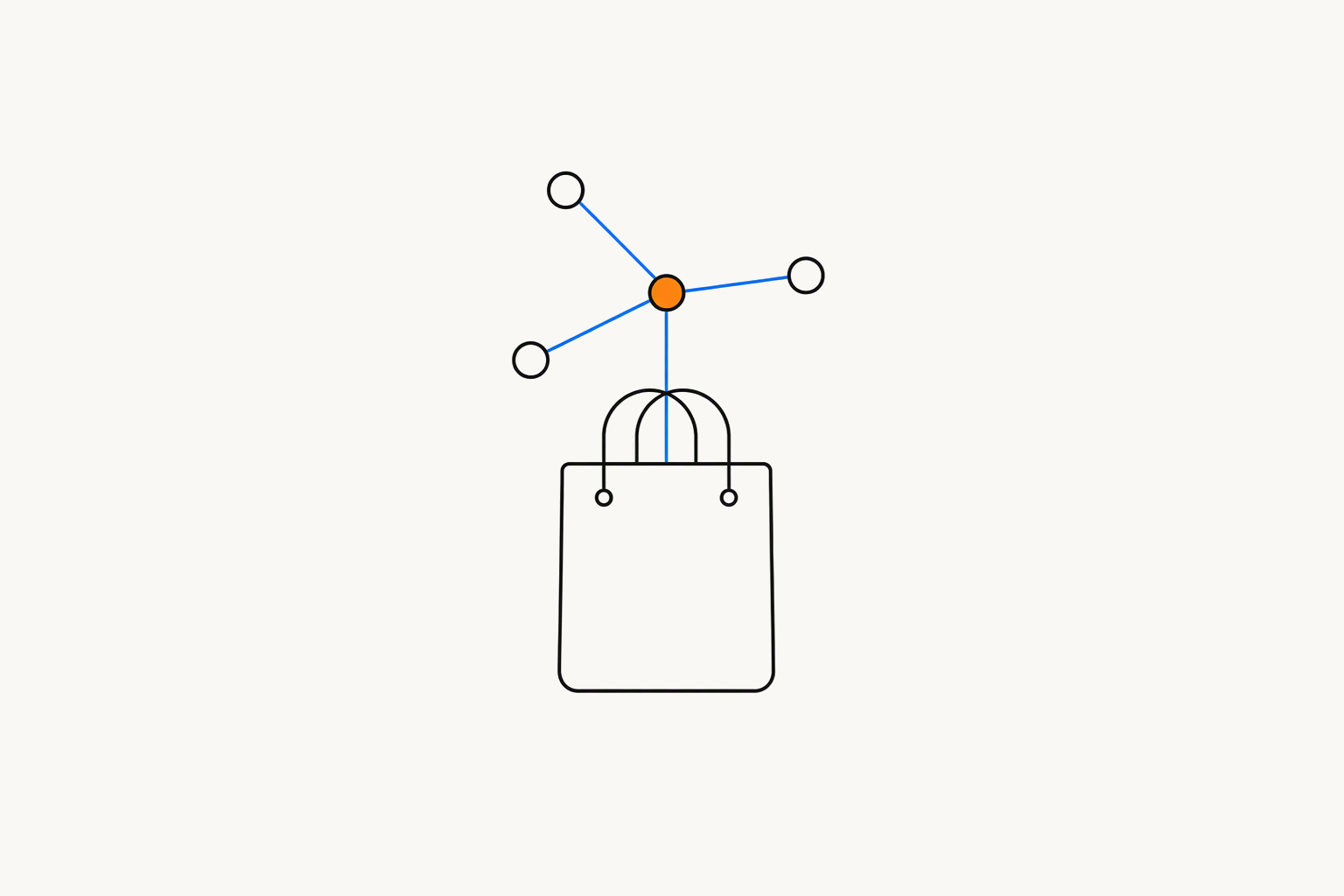 A shopping bag under a small network of circles joined by blue lines, one circle orange, with a line dropping into the bag