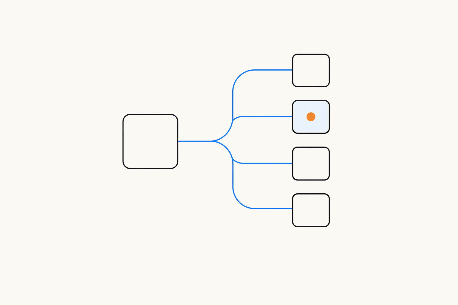 One outlined tile with a blue line that forks to four smaller tiles, the second tinted blue and marked with an orange dot