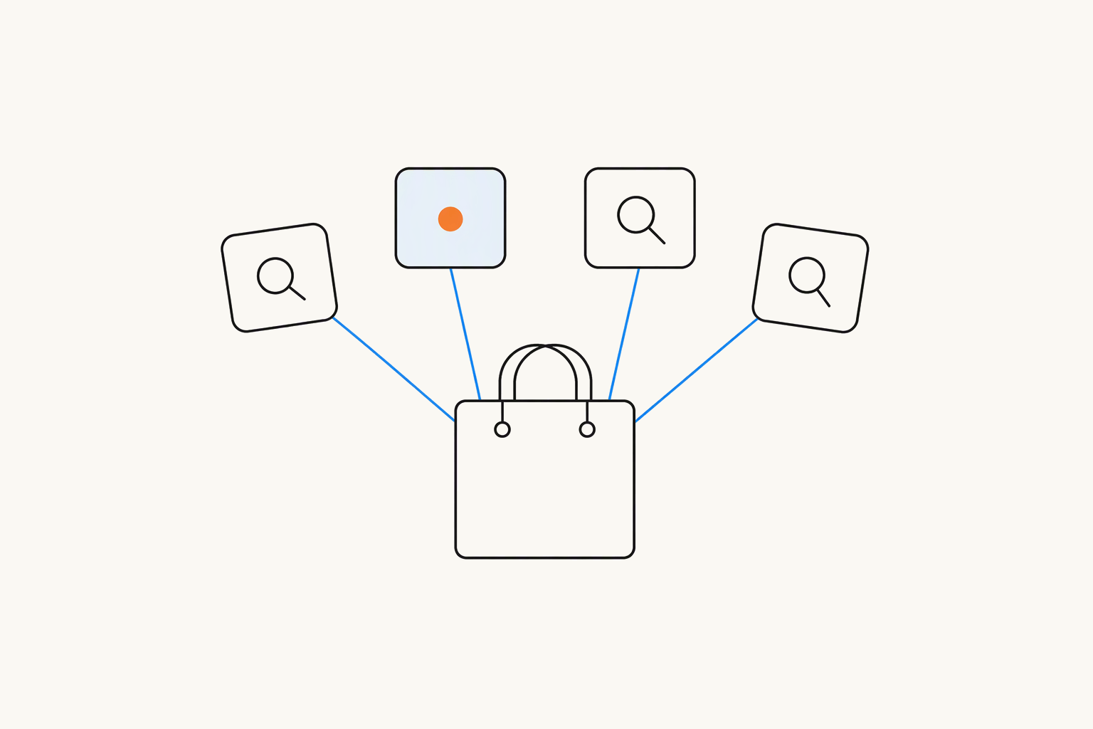 A shopping bag joined by blue lines to four small tiles above it, three holding a magnifier and one tinted blue with an orange dot