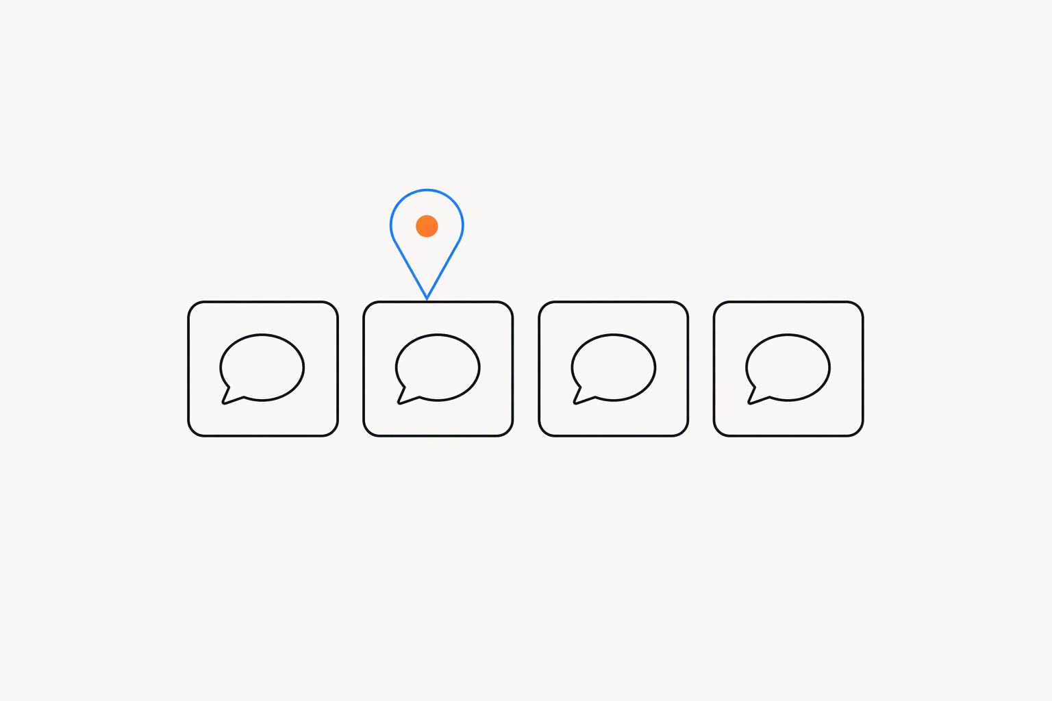 Four tiles in a row, each holding a speech bubble, with a blue location pin and an orange dot above the second tile
