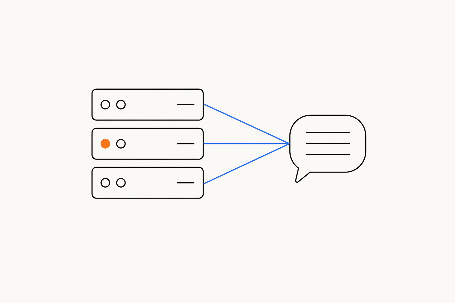 Three stacked server units joined by blue lines to one speech bubble, with an orange light on the middle unit