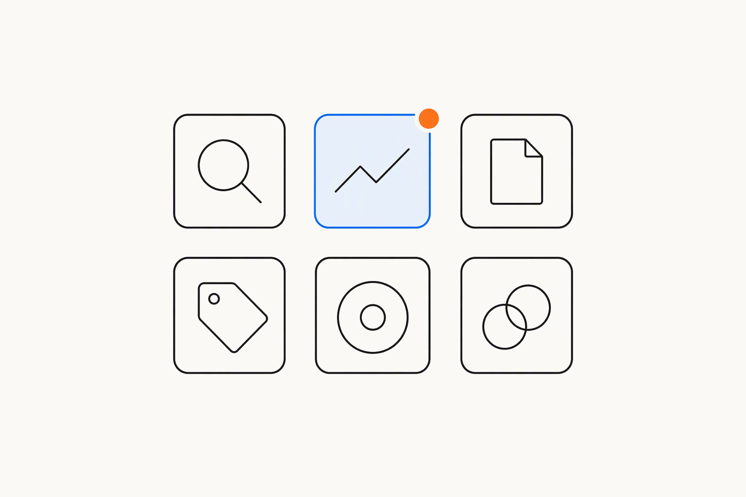 Six app tiles in two rows, each with a simple glyph, the top middle one tinted blue with an orange badge on its corner