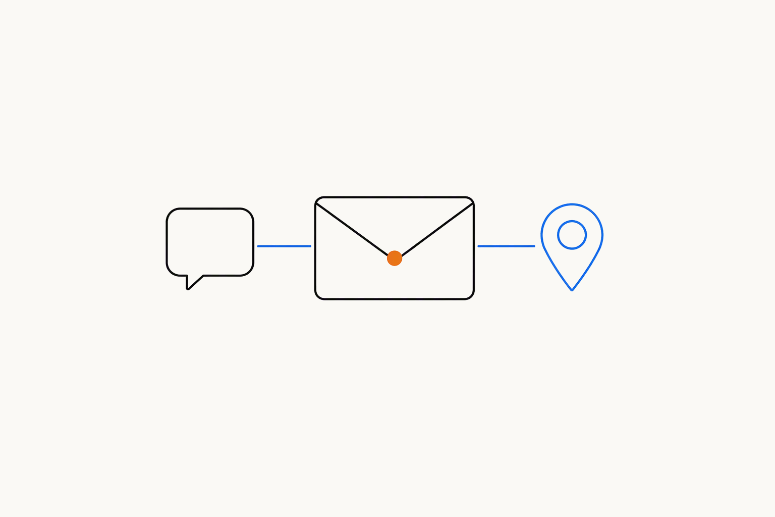 An envelope sealed with an orange dot, joined by blue lines to a speech bubble on one side and a location pin on the other