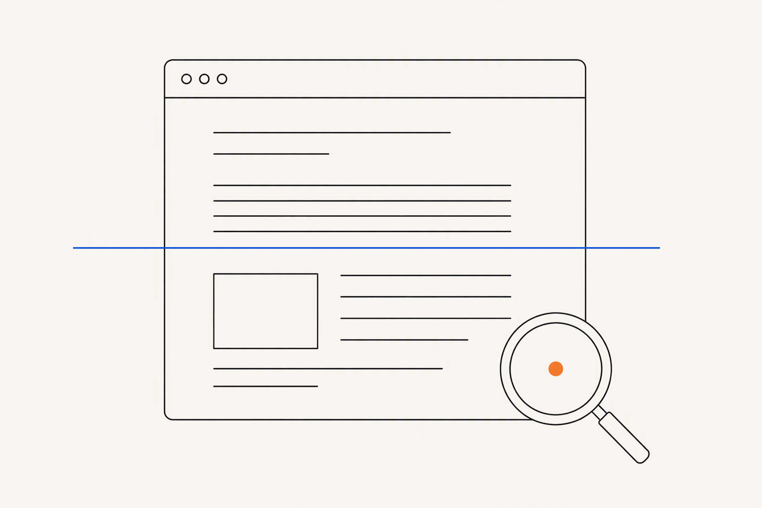 An outlined web page crossed by a blue scan line, with a magnifying glass holding an orange dot at its lower corner, showing a site being checked for bot access