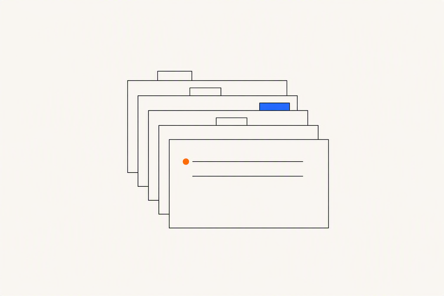 A stack of offset outlined index cards with blank tabs along the top, one tab tinted blue, and an orange dot beside two short lines on the front card