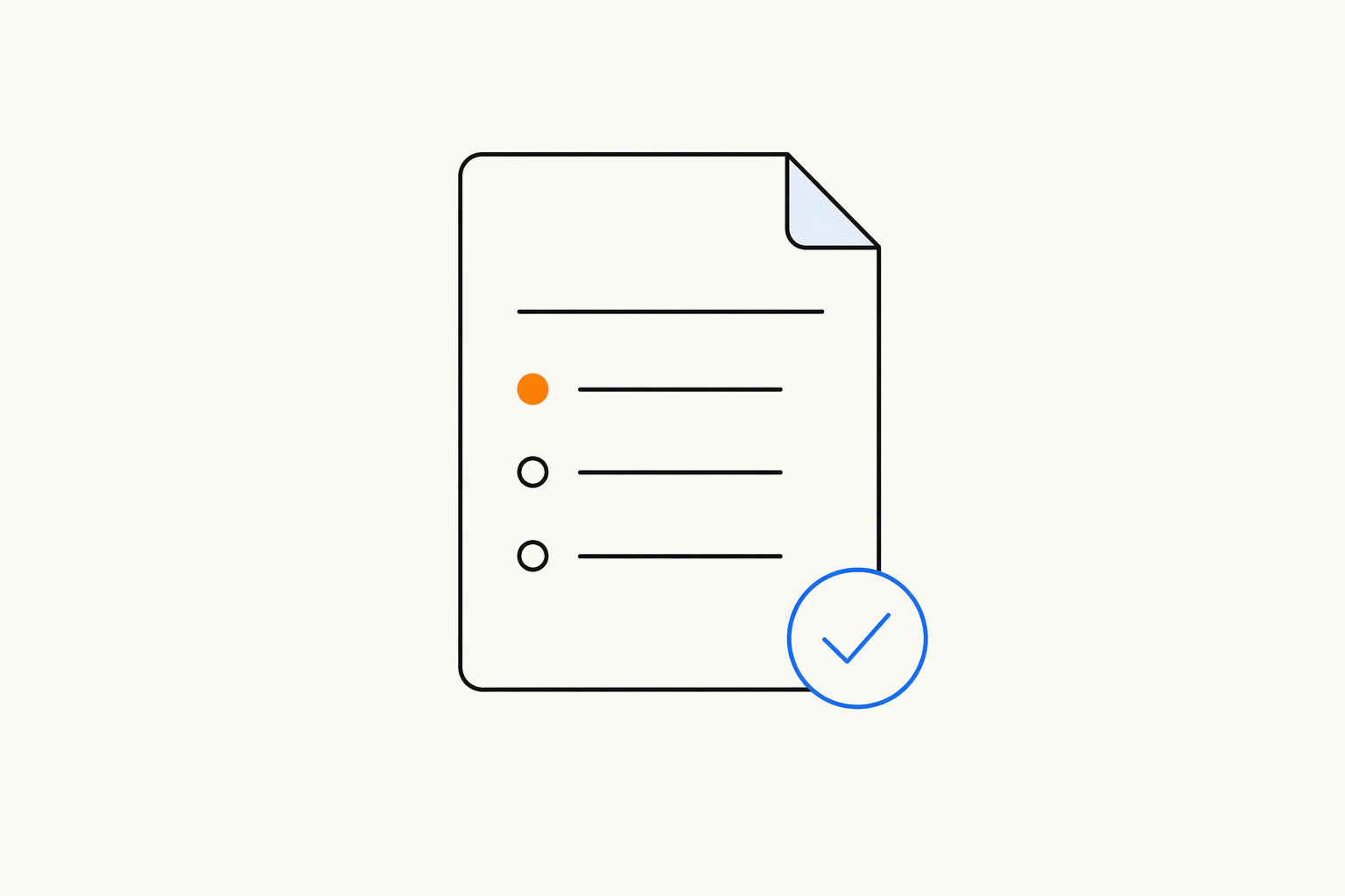 A document with a folded corner holding a heading line and three bullet lines, the first bullet orange, and a blue tick circle on its lower corner