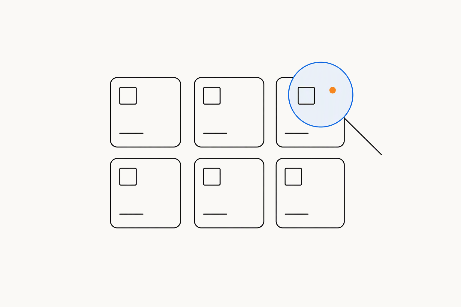 Six outlined product tiles in two rows, with a blue magnifying glass over the top right tile and an orange dot inside the lens