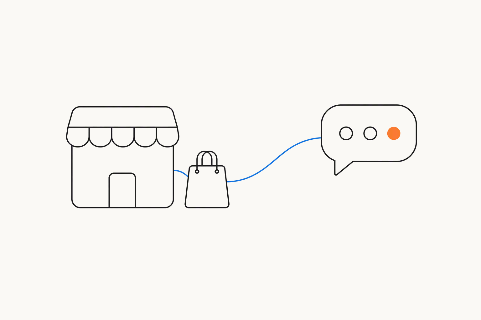 A shop front and a shopping bag joined by a blue curve to a speech bubble that holds two hollow circles and one orange dot