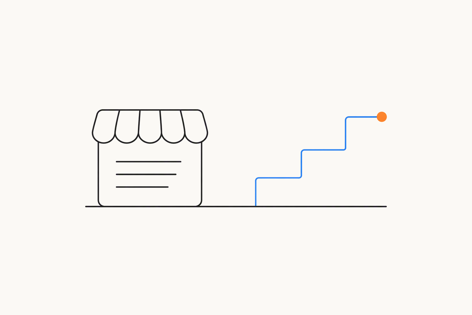 A shop front beside a blue stepped line that climbs to the right and ends in an orange dot