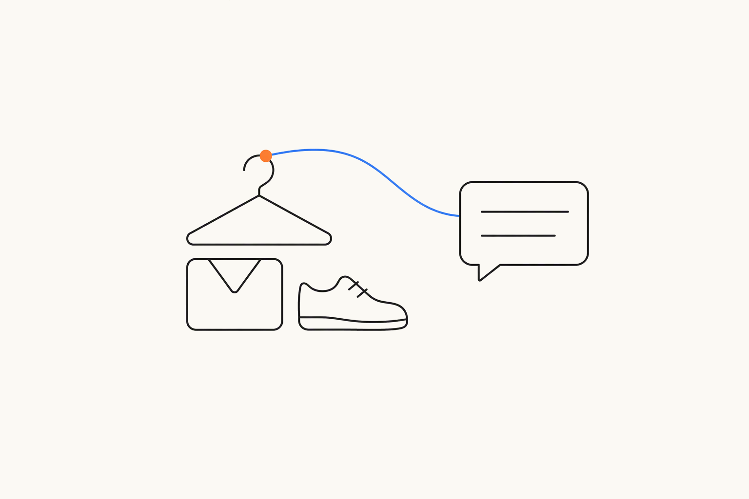 A clothes hanger over a folded shirt beside a shoe, with a blue line from the orange hanger hook to a speech bubble