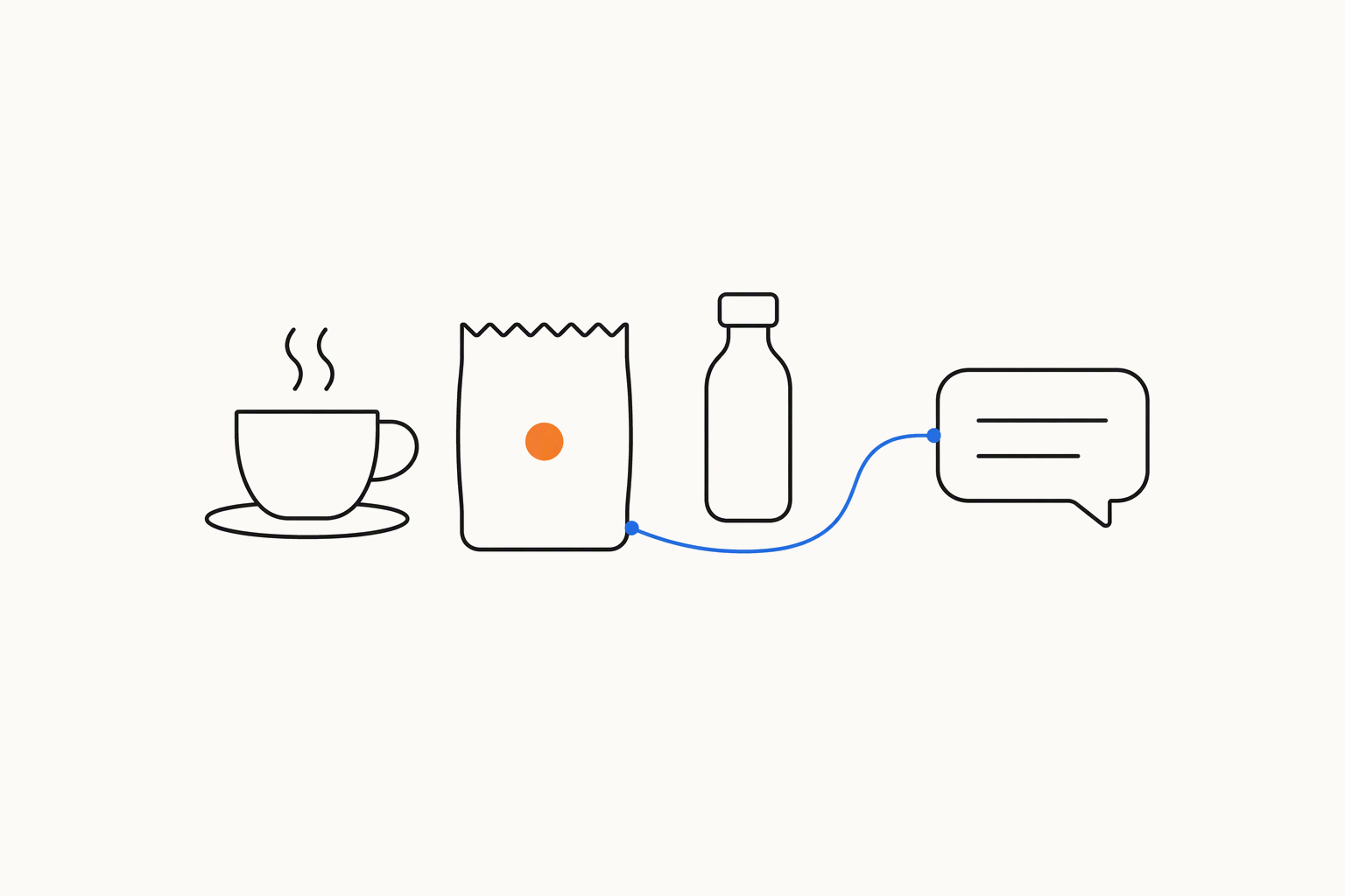 A cup on a saucer, a snack pouch marked with an orange dot and a bottle, with a blue line from the pouch to a speech bubble