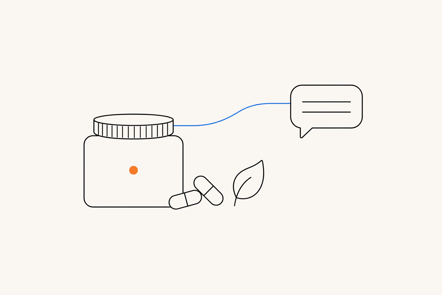 A supplement jar marked with an orange dot, two capsules and a leaf, with a blue line from the jar lid to a speech bubble