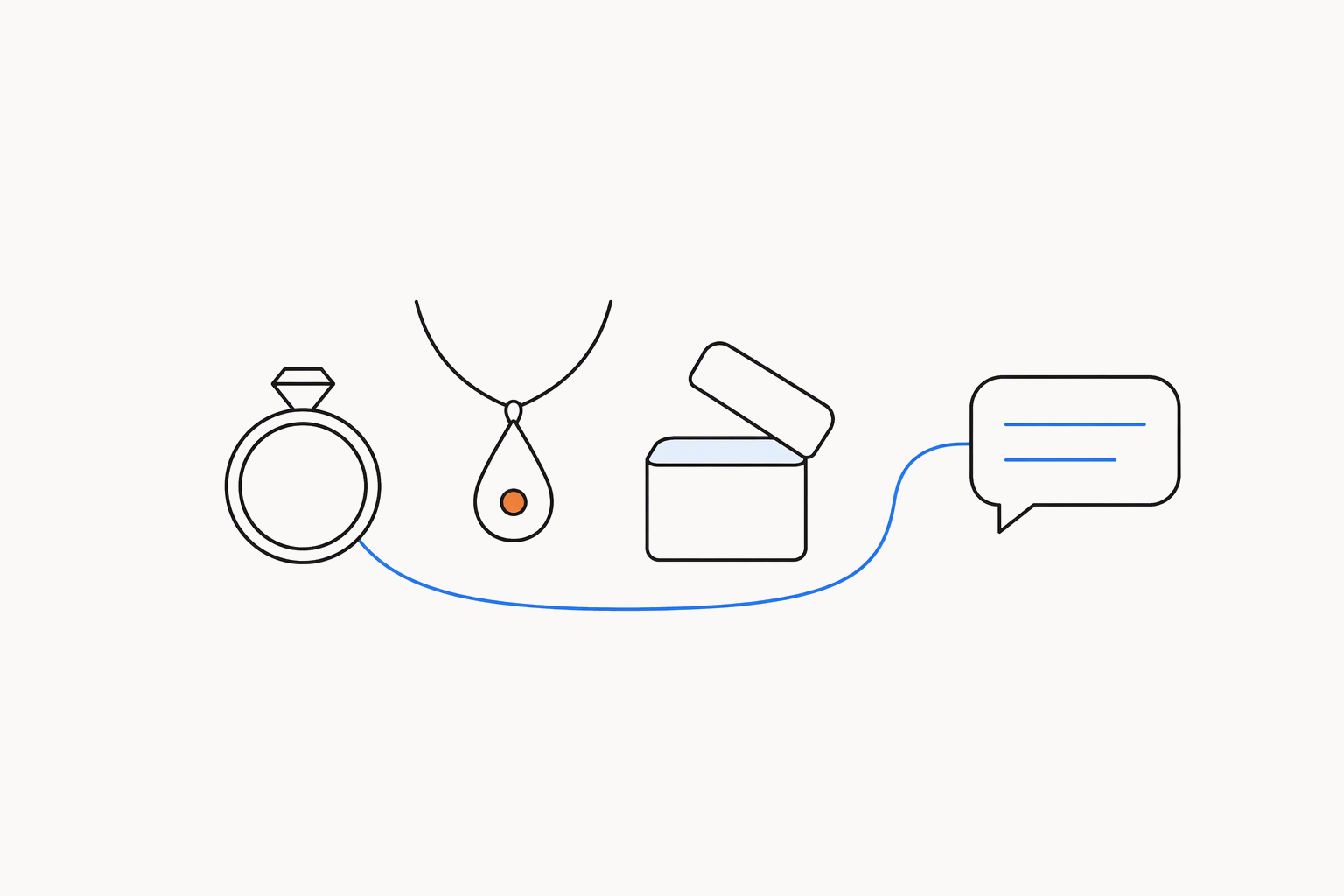A diamond ring, a teardrop pendant with an orange stone and an open gift box, with a blue line from the ring to a speech bubble