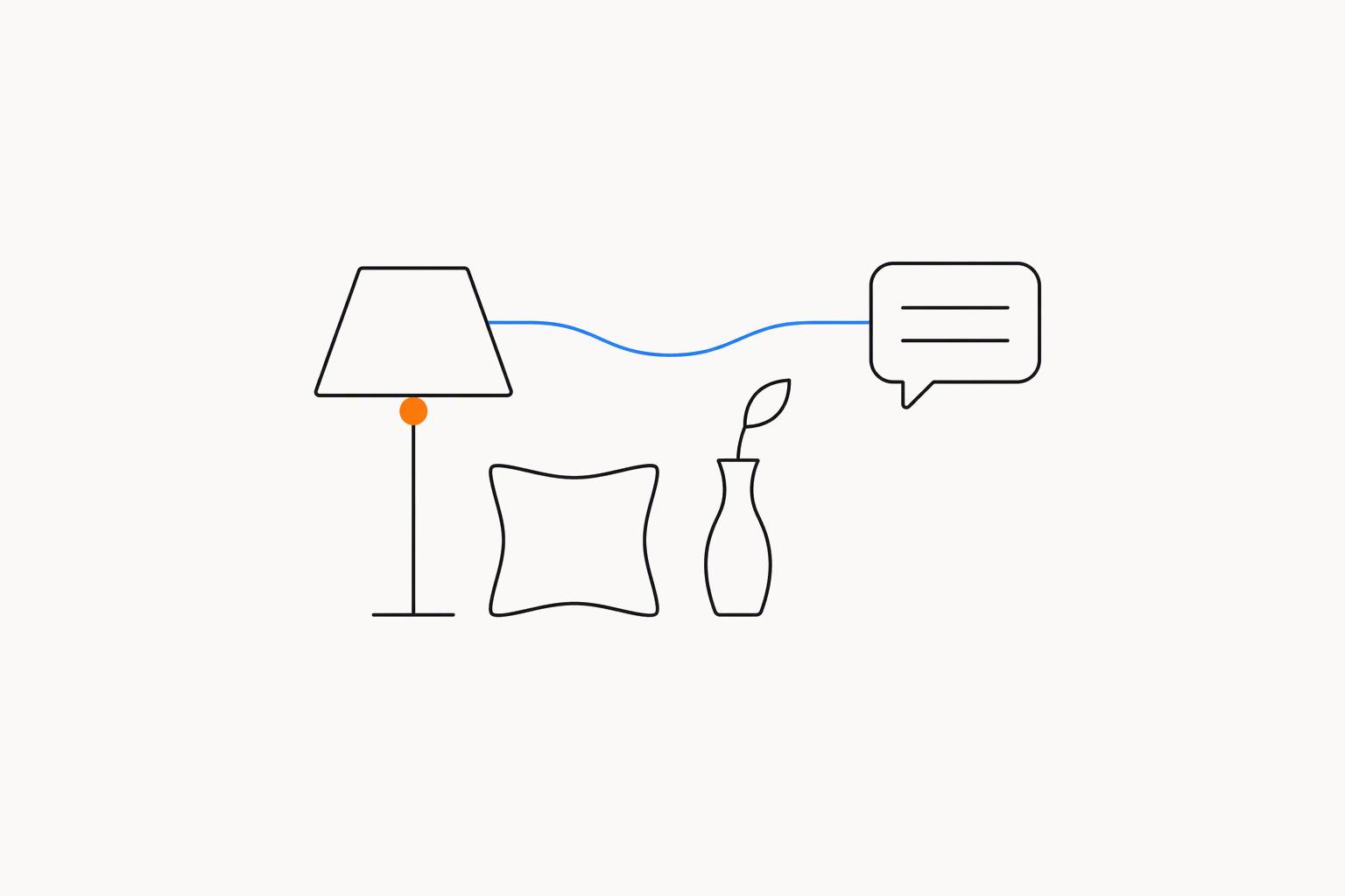 A table lamp with an orange bulb, a cushion and a slim vase with one leaf, with a blue line from the lamp shade to a speech bubble