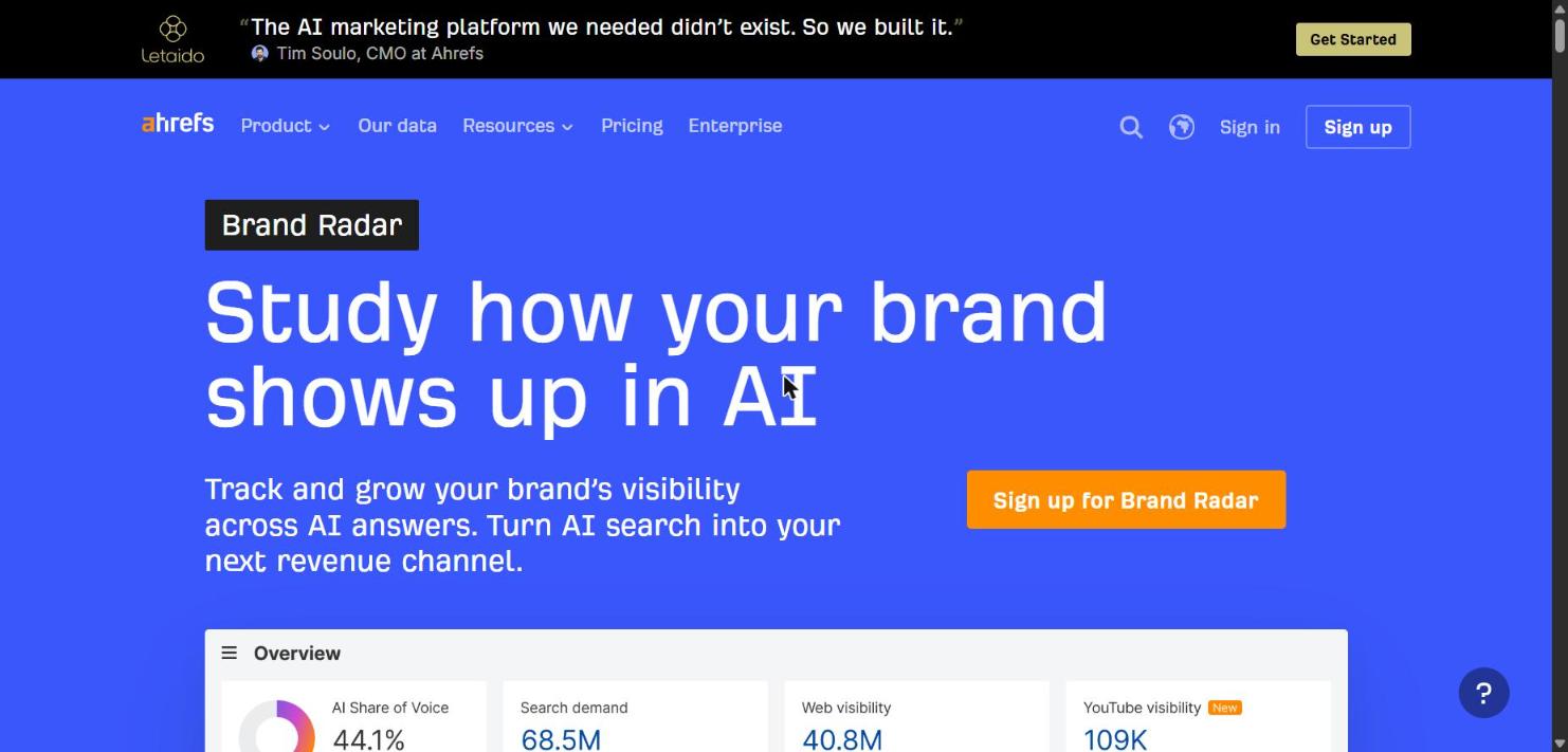 Ahrefs Brand Radar page headline Study how your brand shows up in AI with a Sign up for Brand Radar button