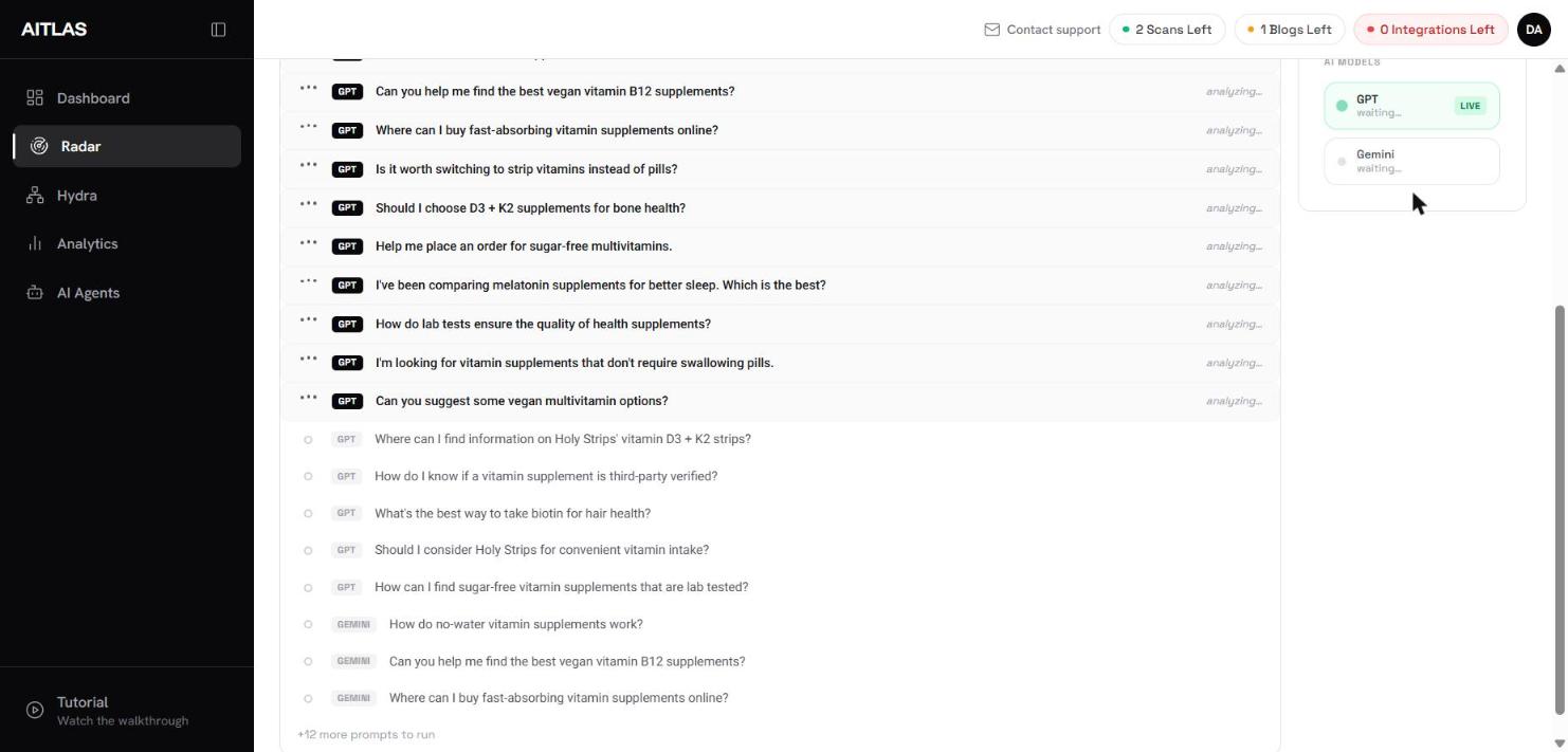 AITLAS scan in progress with prompts marked analyzing and an AI models panel listing GPT and Gemini