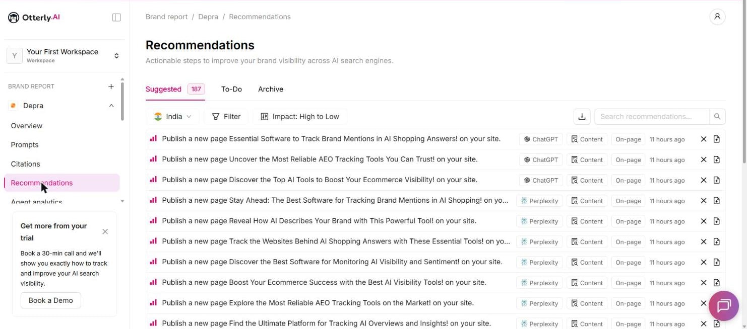 Otterly Recommendations page with 187 suggested actions, each tagged with an engine, a type and an impact level