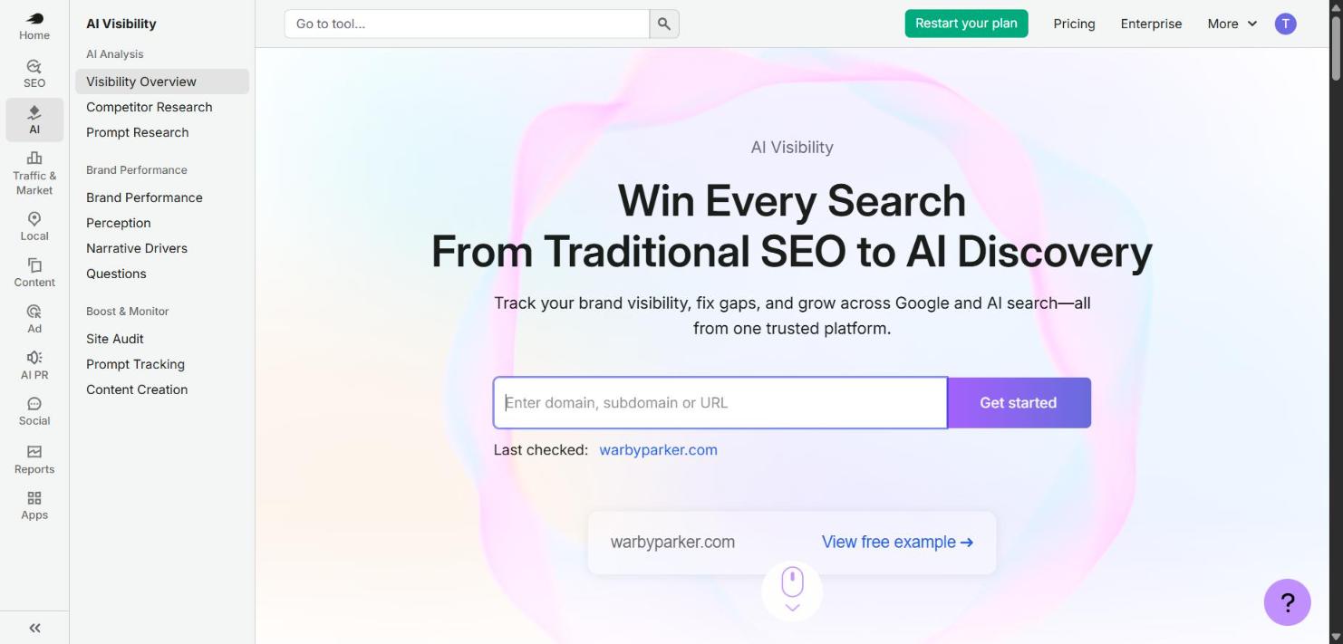 Semrush AI Visibility section with a menu of Visibility Overview, Competitor Research, Prompt Research, Brand Performance, Perception, Site Audit and Prompt Tracking