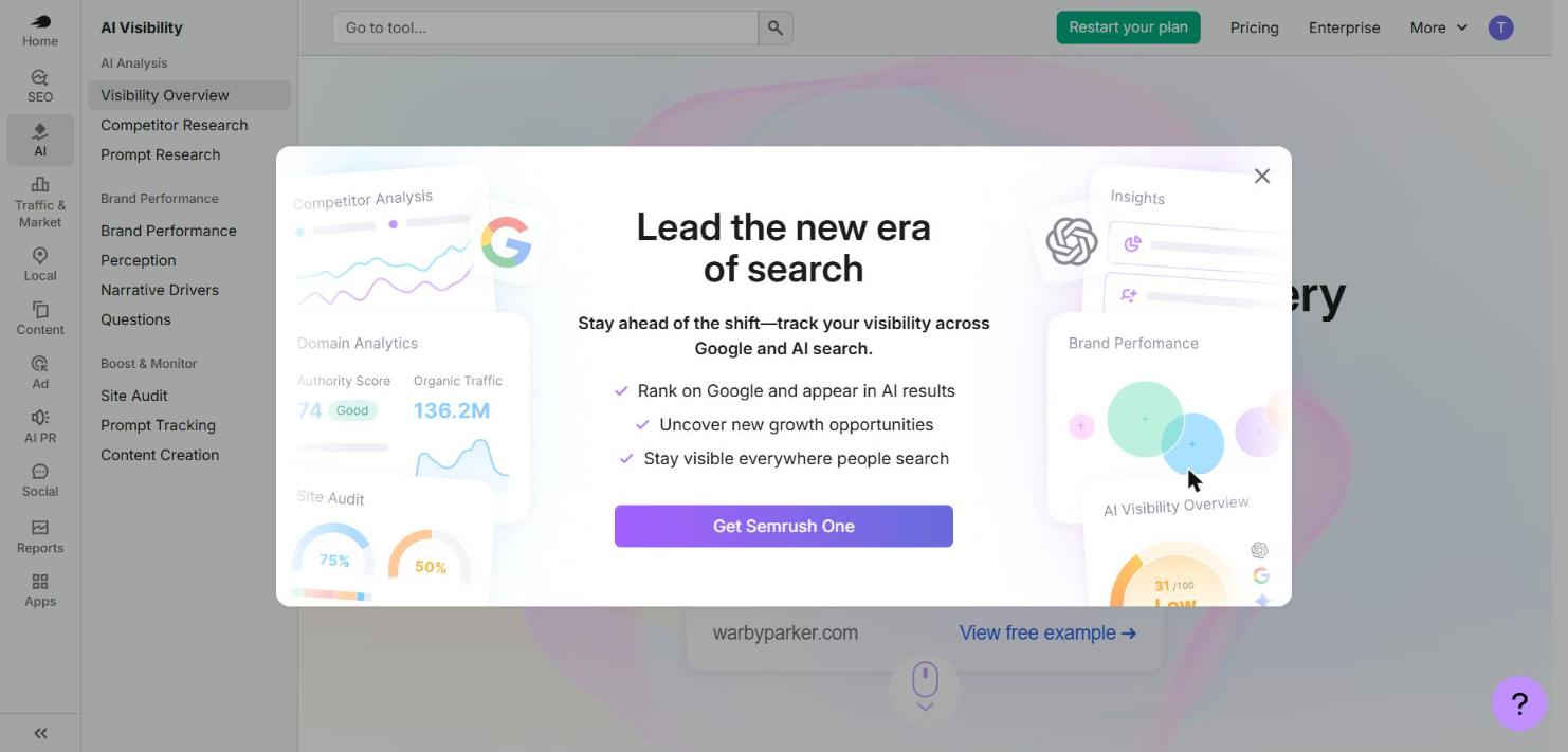 Semrush upgrade box titled Lead the new era of search with a Get Semrush One button