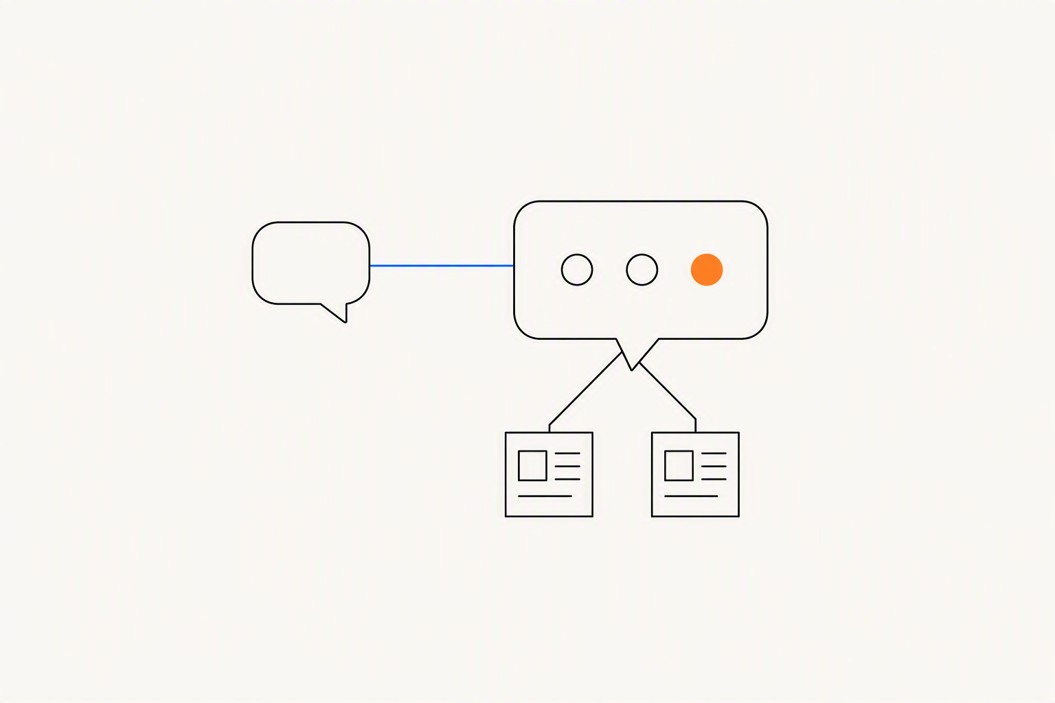 A small question bubble linked by a blue line to a larger answer bubble holding two hollow circles and one orange dot, with lines dropping to two small source tiles